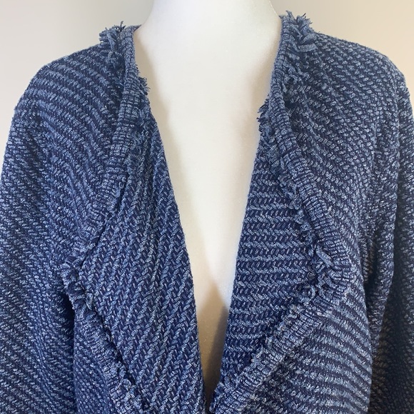 LOFT 3/4 Sleeves Fringe Knit Navy Open Jacket M - Picture 6 of 13